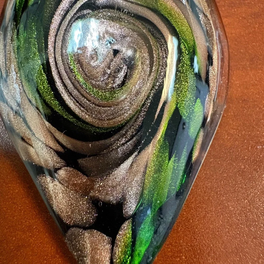 Art Glass Teardrop Pendant Necklace Green‎ Brown Swirl Boho Ribbon Cord
